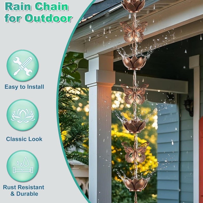 shumi 8.8ft Rain Chain for Gutters Downspouts Outside,Butterfly Rain Chain with 12 Copper Lotus Rain Chain Cups,Functional and Decorative Replacement for Gutter Downspouts - Image 4